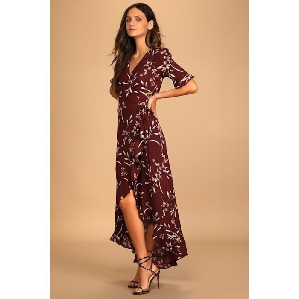 Lulus Wild Winds Burgundy Floral Print High-low Wrap Dress Purple - Size M